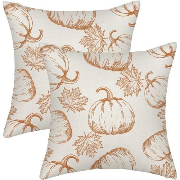 NEW Set of 2 Fall Pillow Covers 20x20 - Burnt Orange Pumpkin &‎ Maple Leaves - Picture 1 of 8